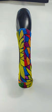 Load image into Gallery viewer, Bamboo sock with a large yellow sunflower design from the heel to the top of the sock outlined in green, blue, and burgundy.