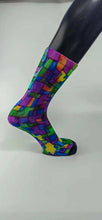 Load image into Gallery viewer, Abstract bamboo sock in purple, blue, yellow, and green geometrical designs.