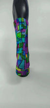 Load image into Gallery viewer, Abstract bamboo sock in purple, blue, yellow, and green geometrical designs.