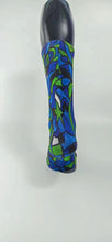 Load image into Gallery viewer, A bamboo sock with blue, green, and black intertwining shapes.