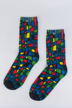 Load image into Gallery viewer, Checkered designed bamboo socks in a red, blue, green, and yellow rectangle and square mosaic.